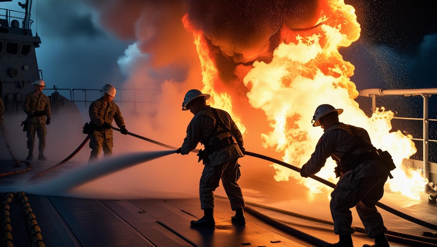 Personnes éteignant feu sur bateau