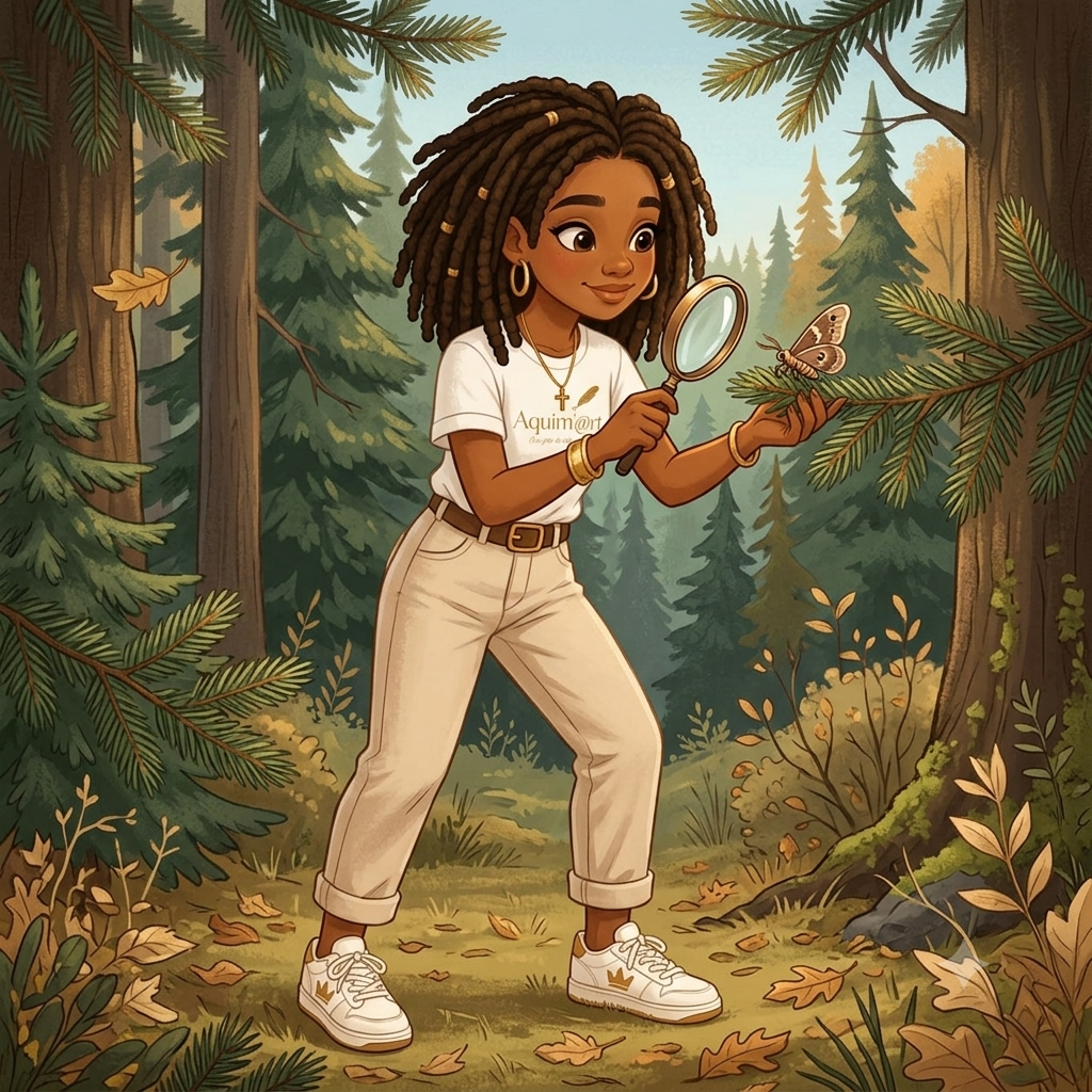 Avatar du blog en illustration cartoon, dans une forêt de conifères canadienne