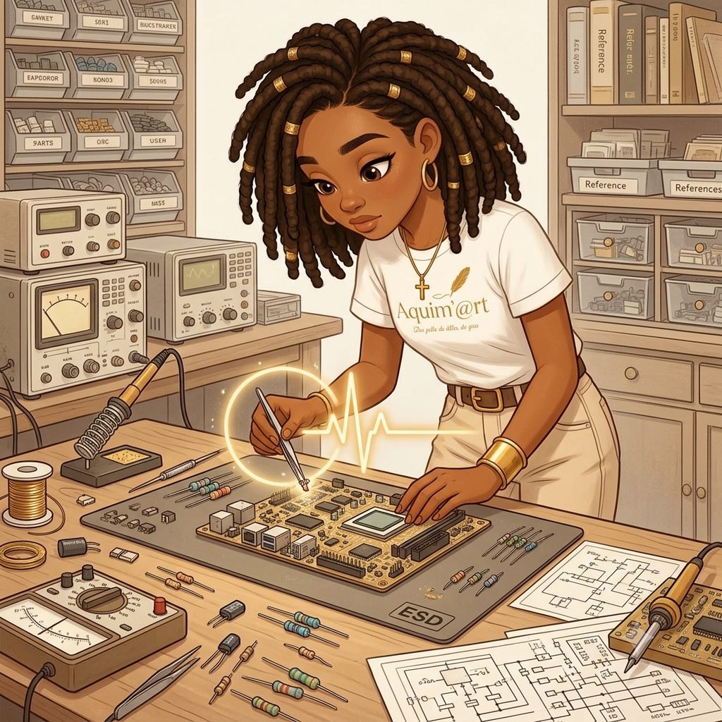 Avatar du blog en illustration cartoon, penché sur une table d'atelier électronique