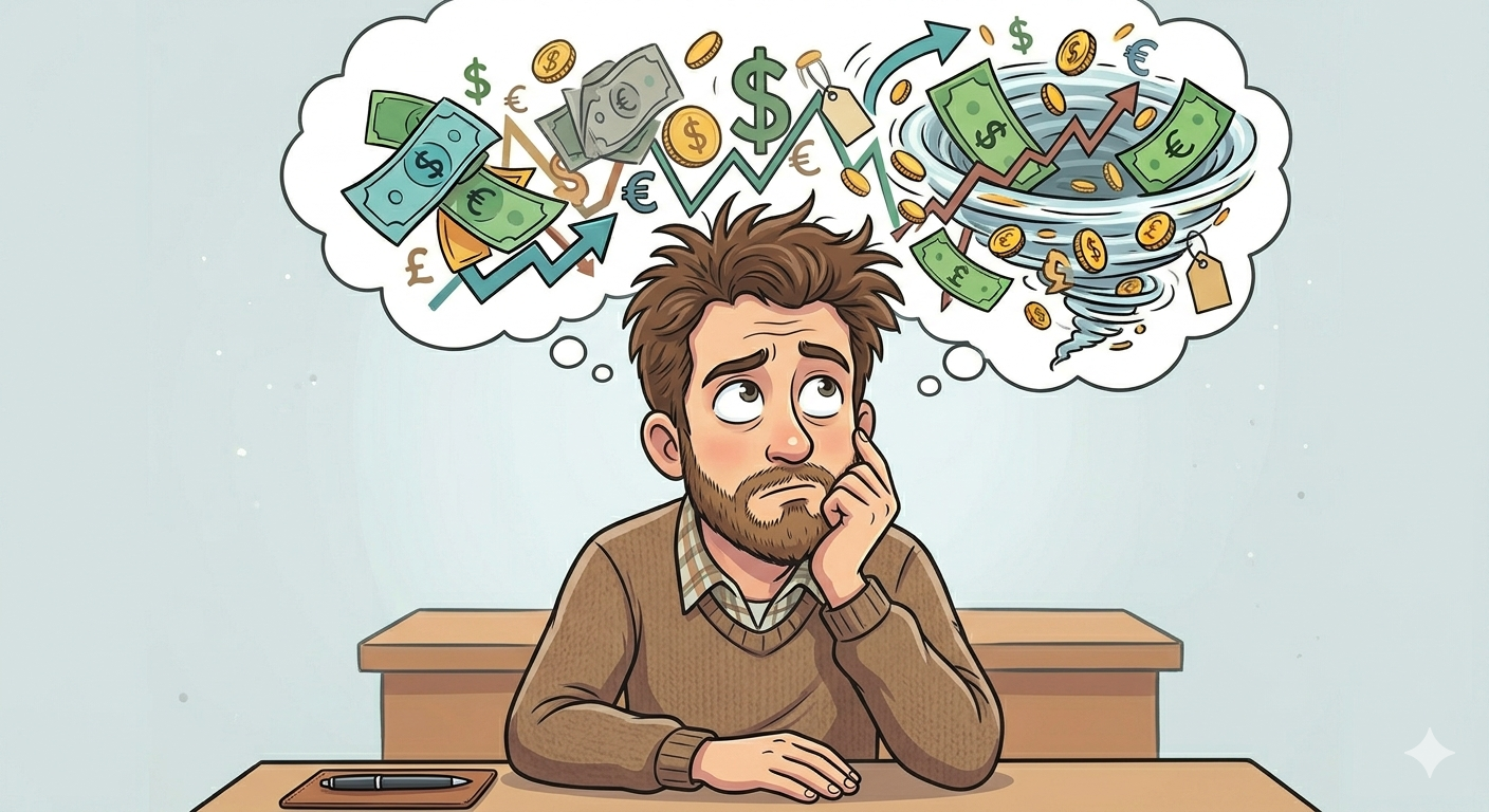 Un homme confus en pensant à l'économie